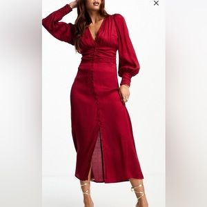 Miss Selfridge satin jacquard button through lace trim midi dress in berry